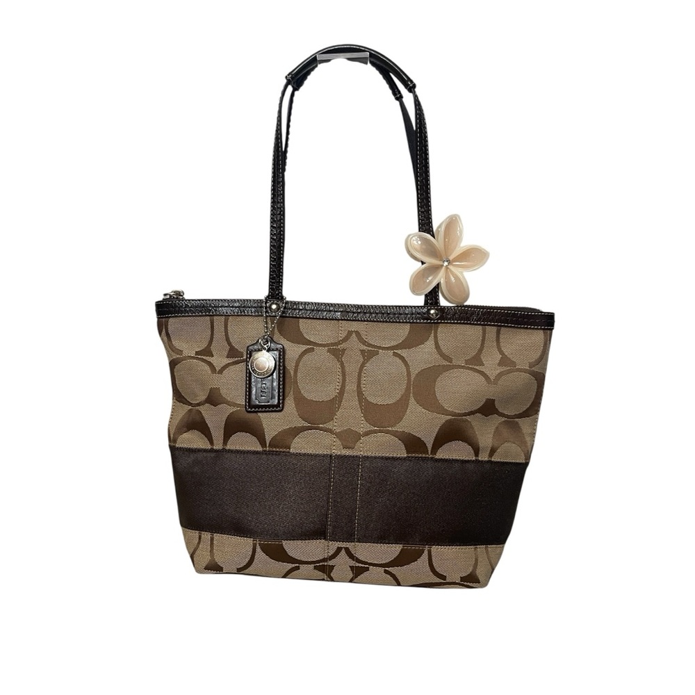 Coach Tan Signature Canvas Brown Strip and Trim Zip Tote Style F13548 Y2K 2000s - Picture 1 of 17